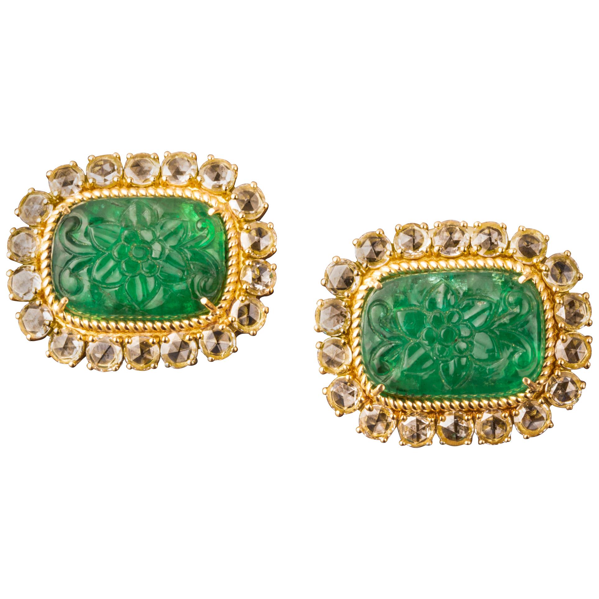 18 Karat Gelbgold, sambischer Smaragd, Diamant-Ohrringe von Enschetti im Angebot