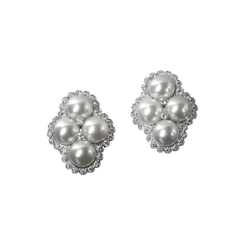 Veschetti 18 Kt White and Yellow Gold, Gem Quality Pearl, Diamond Stud Earrings For Sale