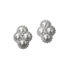 Veschetti 18 Kt White and Yellow Gold, Gem Quality Pearl, Diamond Stud Earrings