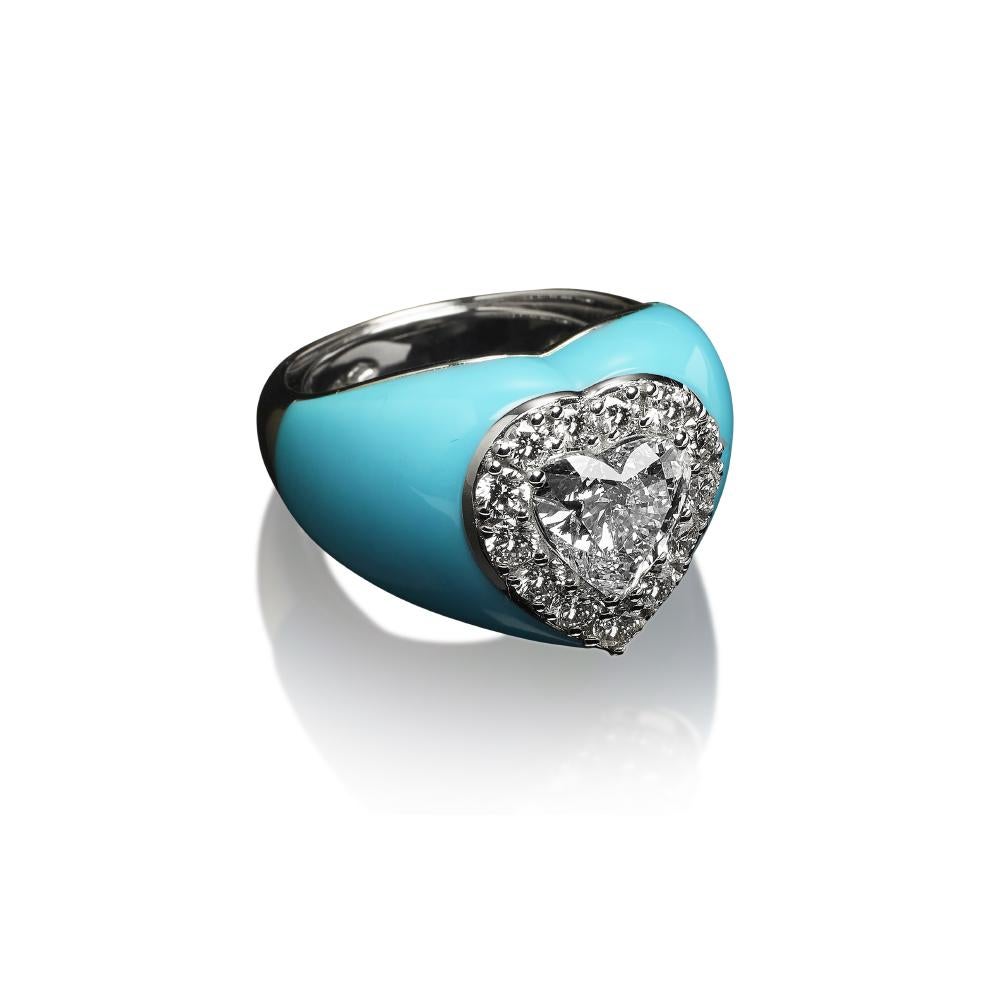 Heart Cut Veschetti 18 Kt White Gold, Enamel, Heart-Shaped Diamond Ring