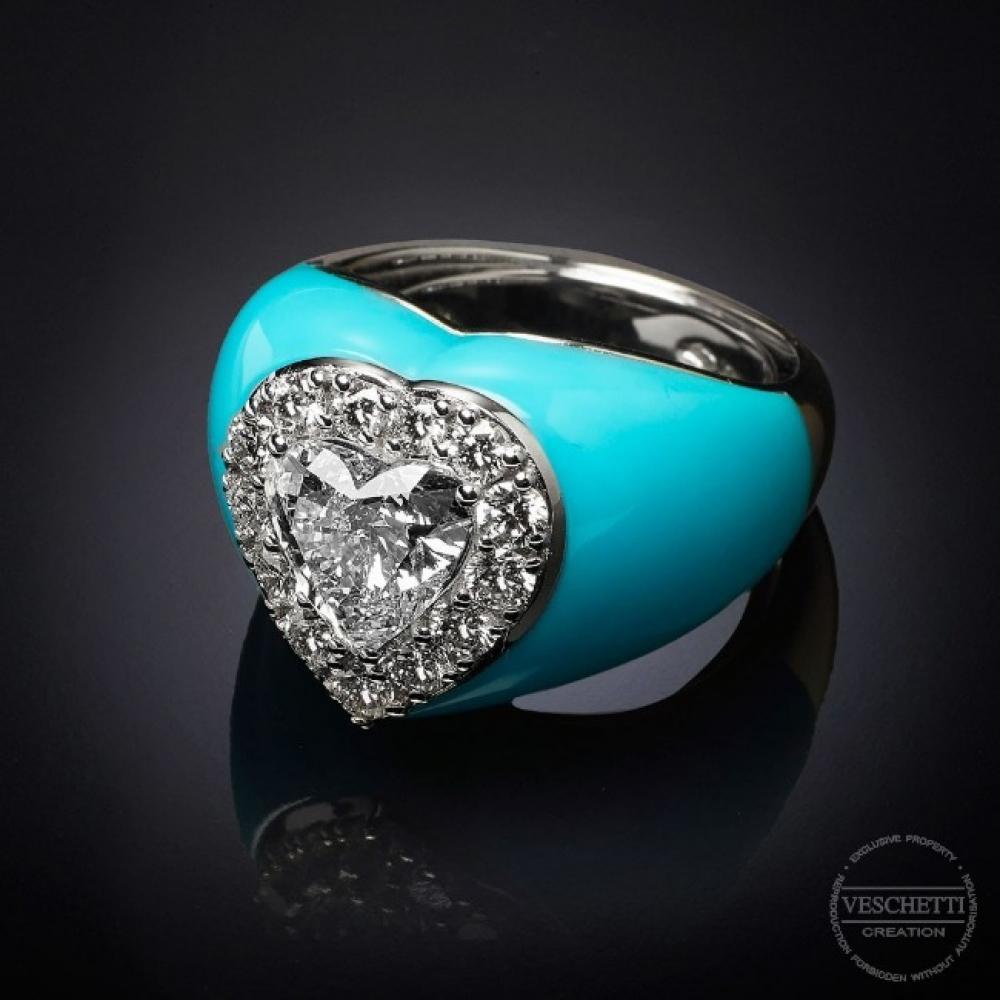 Veschetti 18 Kt White Gold, Enamel, Heart-Shaped Diamond Ring In New Condition In Brescia, IT
