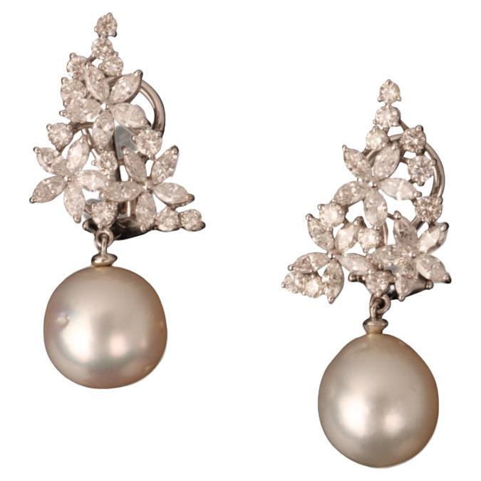 Veschetti 18 Kt White Gold, Pearl and Diamond Earrings For Sale