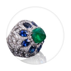Veschetti 18 Kt White Gold Zambian Emerald, Sapphire and Diamond Ring