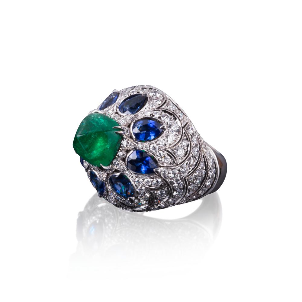 Contemporary Veschetti 18 Kt White Gold Zambian Emerald, Sapphire and Diamond Ring For Sale