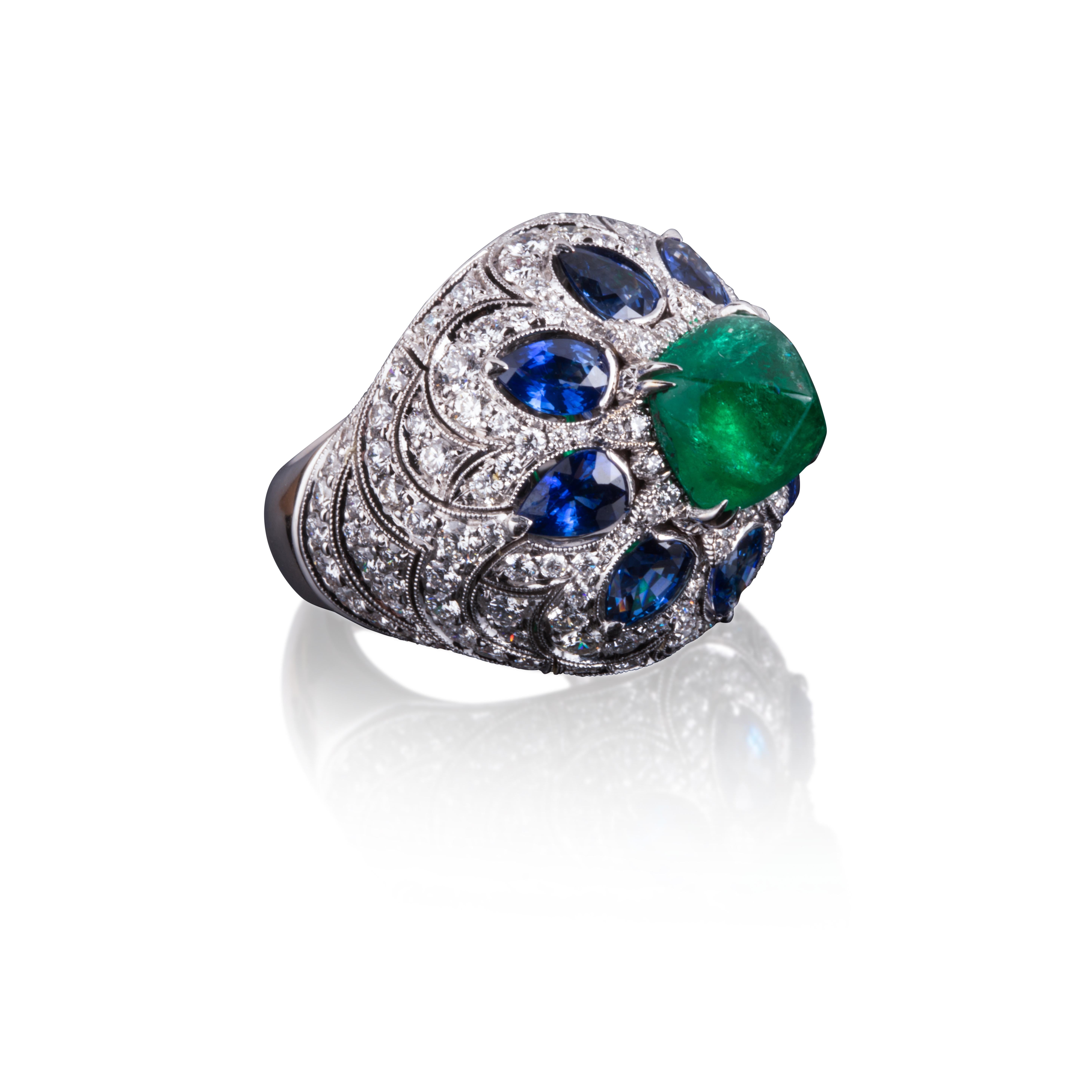 Cushion Cut Veschetti 18 Kt White Gold Zambian Emerald, Sapphire and Diamond Ring For Sale