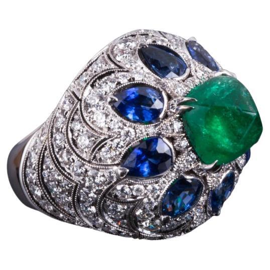Veschetti 18 Kt White Gold Zambian Emerald, Sapphire and Diamond Ring For Sale