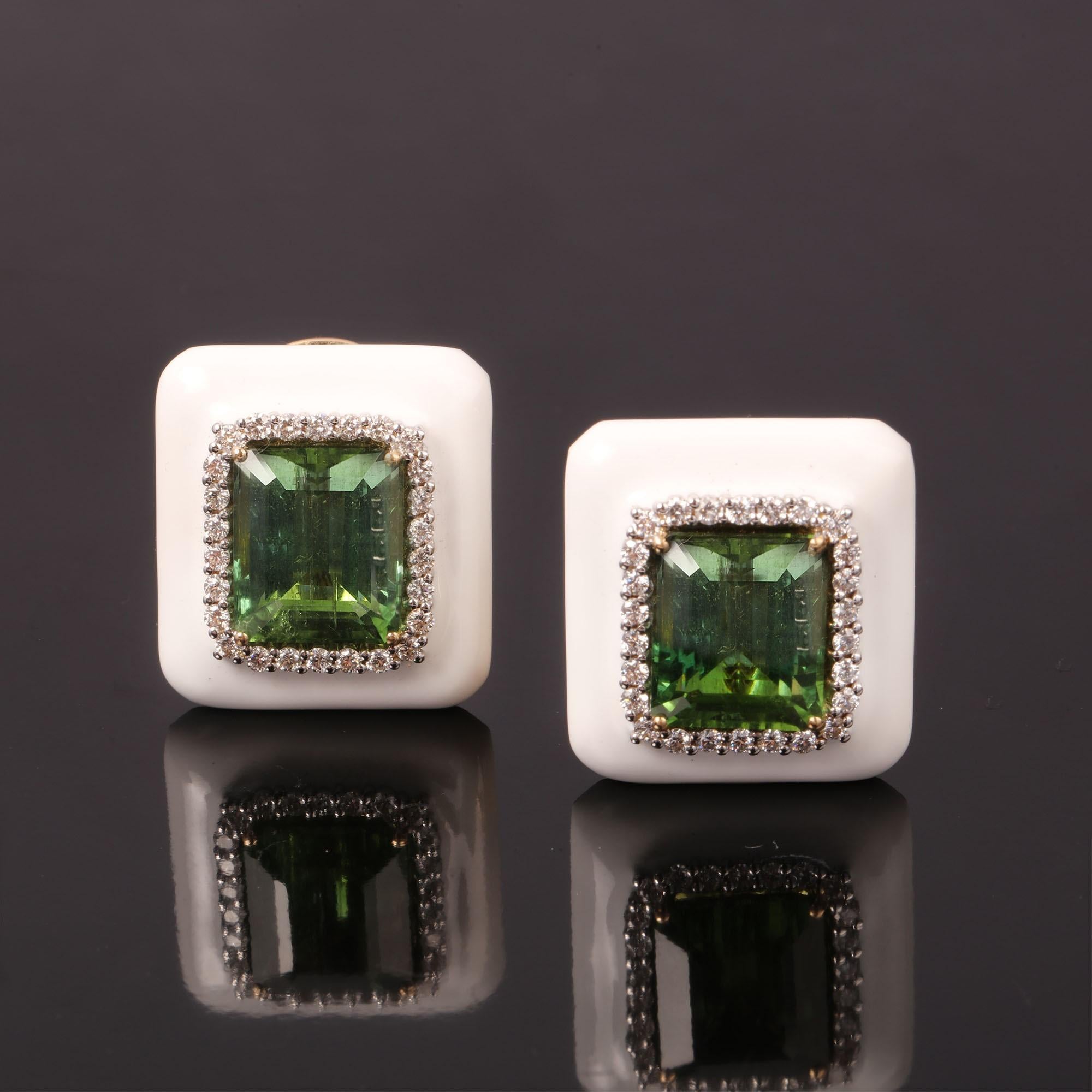 Contemporary Veschetti 18 Kt Yellow and White Gold, Tourmalines and Diamond Earrings For Sale