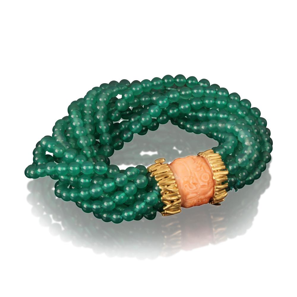 Armband aus 18 Karat Gelbgold, Achat und Korallen von Veschetti (Perle) im Angebot