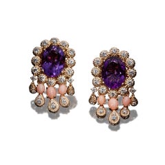 Veschetti 18 Kt Yellow Gold, Amethyst, Coral and Diamond Earrings