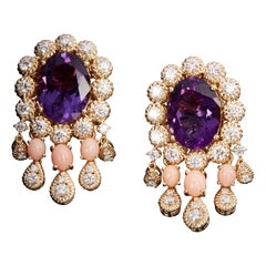 Veschetti 18 Kt Yellow Gold, Amethyst, Coral and Diamond Earrings