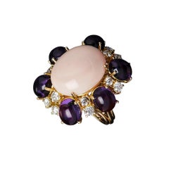 Veschetti 18 kt Yellow Gold, Coral, Amethysts, Diamond Cocktail Ring