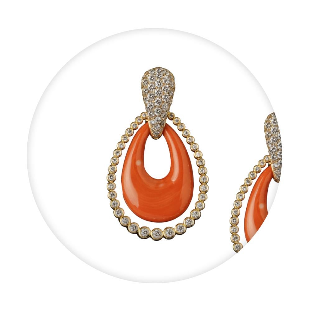 Contemporary Veschetti 18 Kt Yellow Gold, Coral and Diamond Earrings For Sale