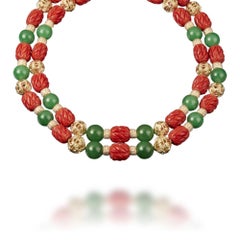 Veschetti 18 Karat Yellow Gold, Coral, Jades and Diamond Necklace