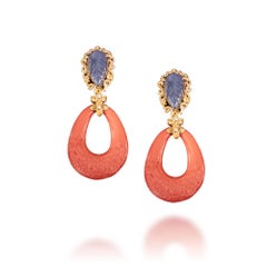 Veschetti 18 Kt Yellow Gold, Coral, Sapphire and Diamond Earrings