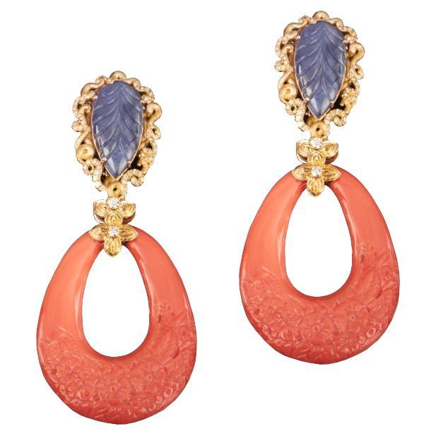 Veschetti 18 Kt Yellow Gold, Coral, Sapphire and Diamond Earrings