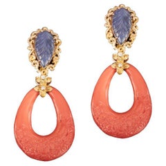 Veschetti 18 Kt Yellow Gold, Coral, Sapphire and Diamond Earrings
