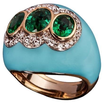 Veschetti 18 Kt Yellow Gold, Emerald and Diamond Ring For Sale