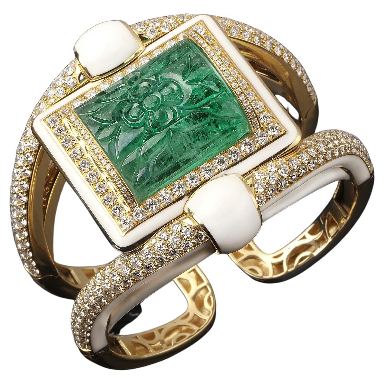 Veschetti 18 Kt Yellow Gold Emerald Diamond Bracelet For Sale