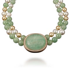 18 Karat Yellow Gold Emerald, Jade, Pearl and Diamond Necklace