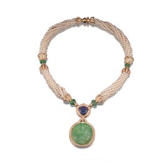18 Karat Yellow Gold Emerald, Tanzanite, Pearl and Diamond Necklace