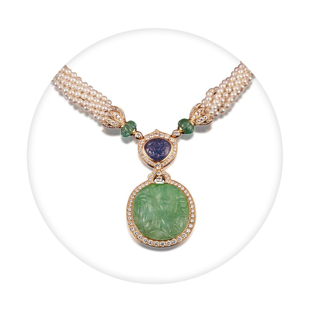 Contemporary 18 Karat Yellow Gold Emerald, Tanzanite, Pearl and Diamond Necklace For Sale