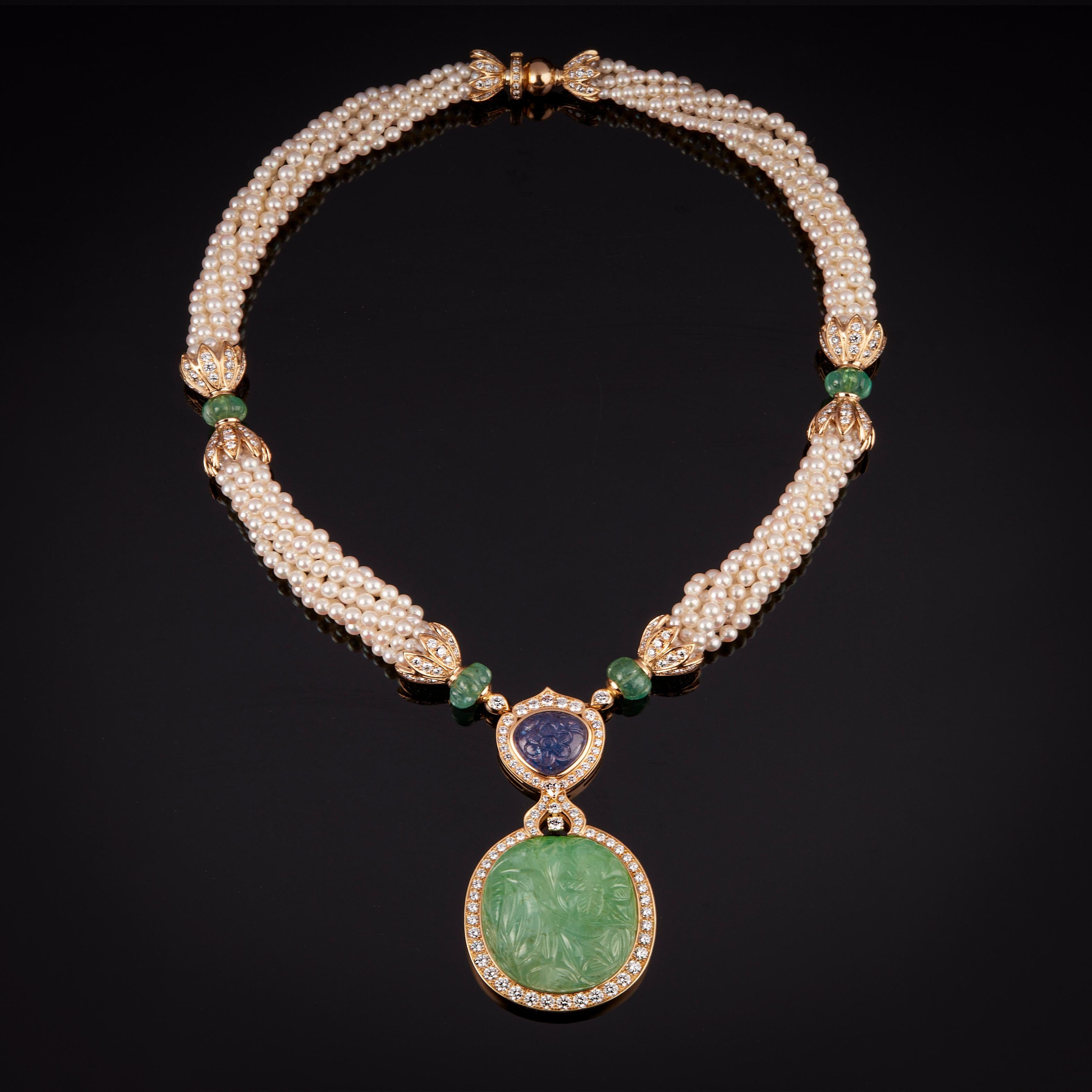 Cabochon 18 Karat Yellow Gold Emerald, Tanzanite, Pearl and Diamond Necklace For Sale