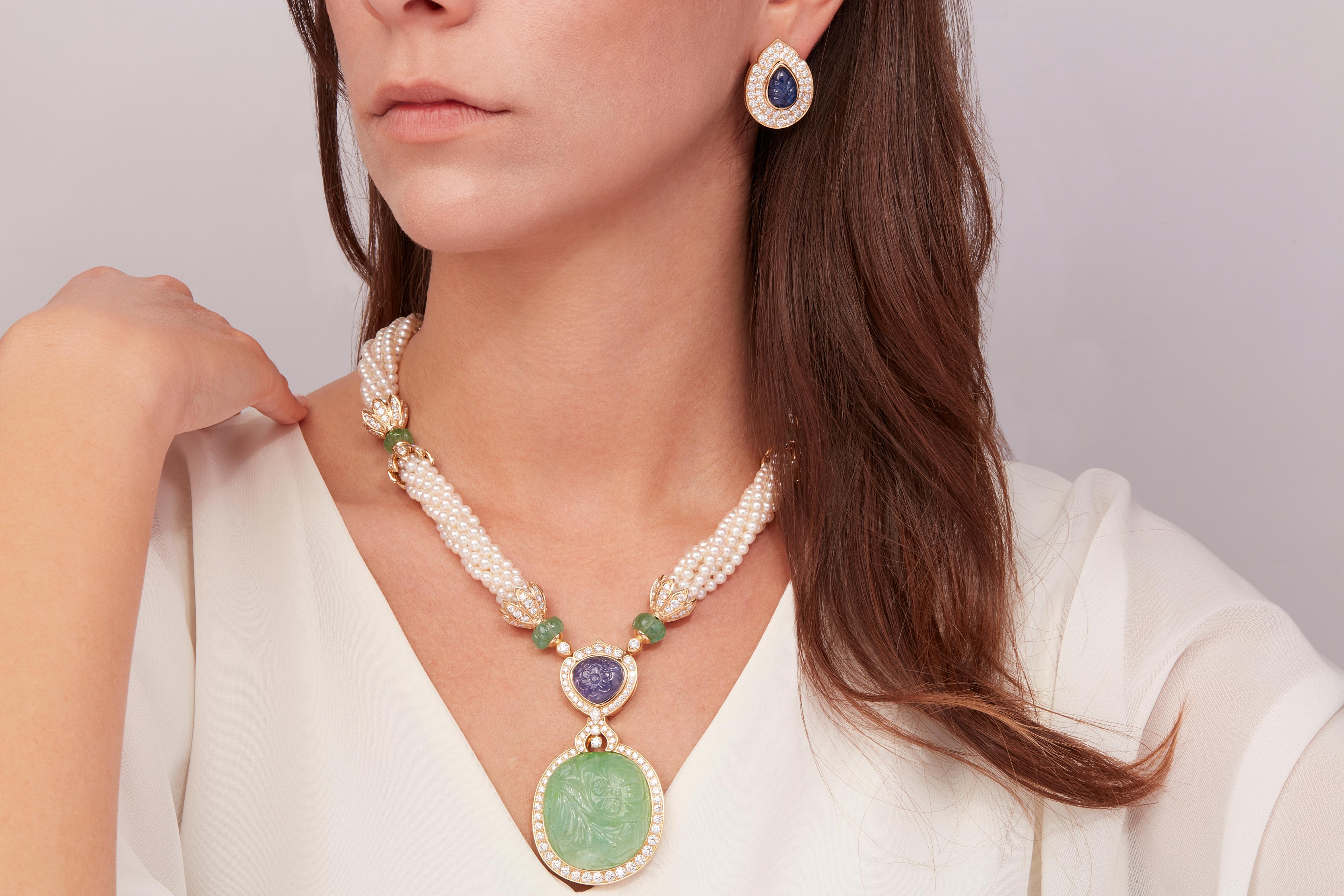 Women's 18 Karat Yellow Gold Emerald, Tanzanite, Pearl and Diamond Necklace For Sale