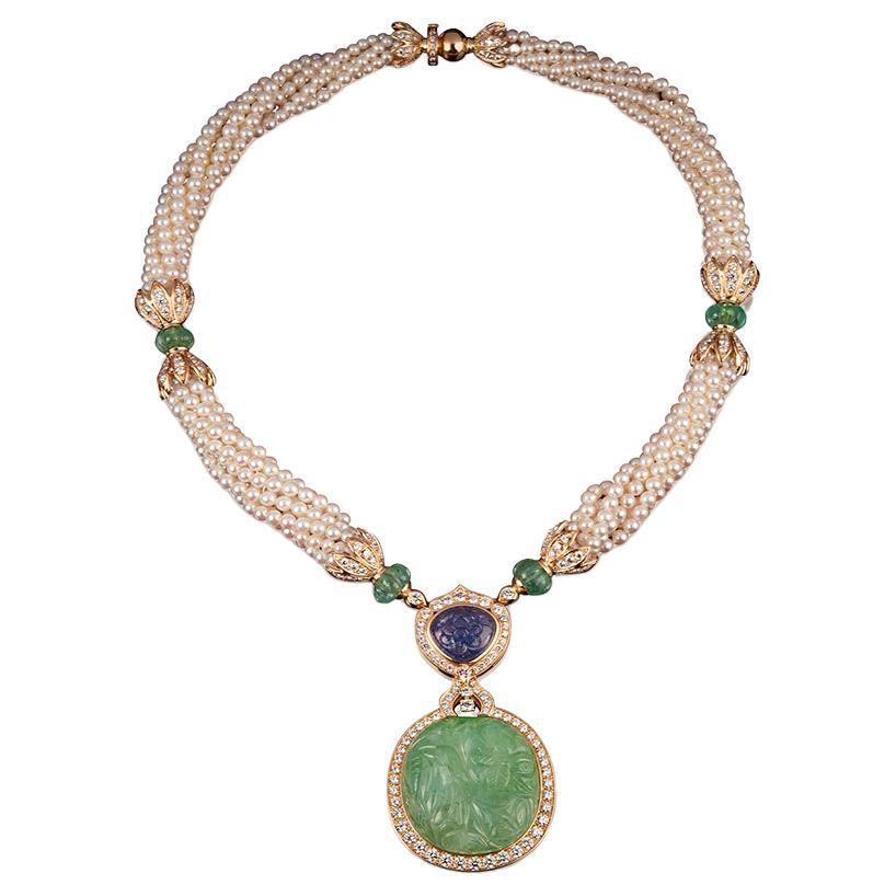 18 Karat Yellow Gold Emerald, Tanzanite, Pearl and Diamond Necklace For Sale