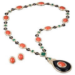 Veschetti 18 Kt Yellow Gold Feutiring Onyx, Coral, Emerald and Diamond Set