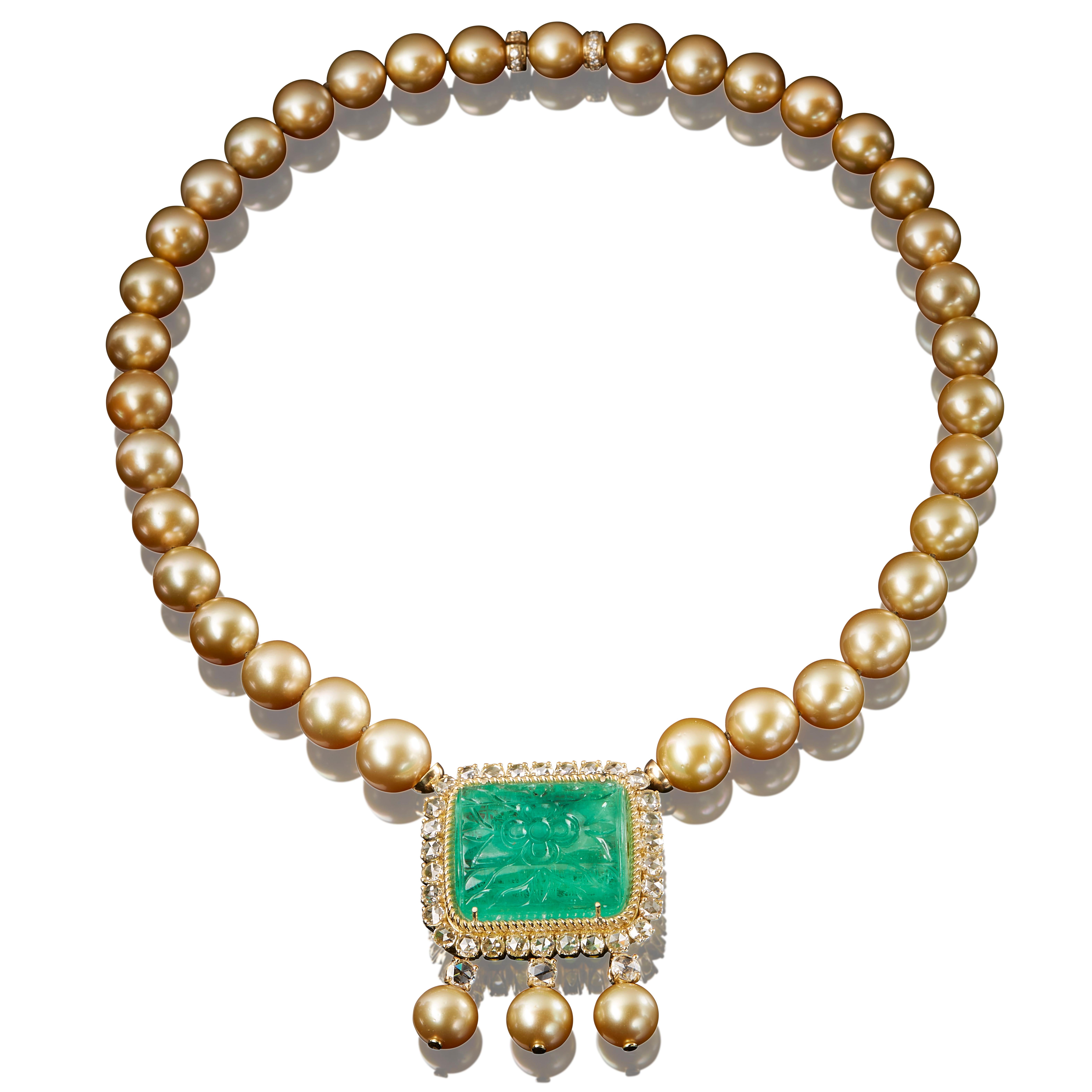 Contemporary Veschetti 18 Karat Yellow Gold, Gold Pearl, Emerald, Diamond Necklace