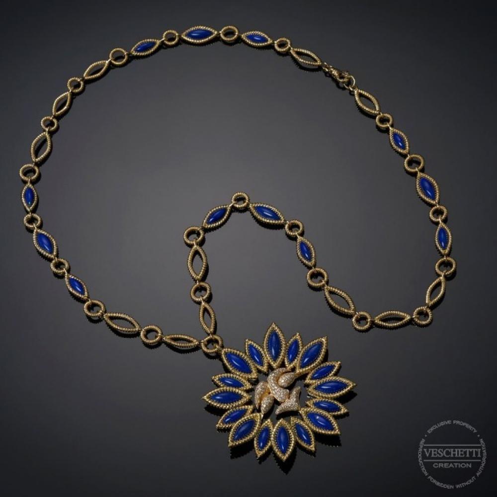 Contemporary Veschetti 18 Kt Yellow Gold, Lapis Lazuli, Diamond Necklace