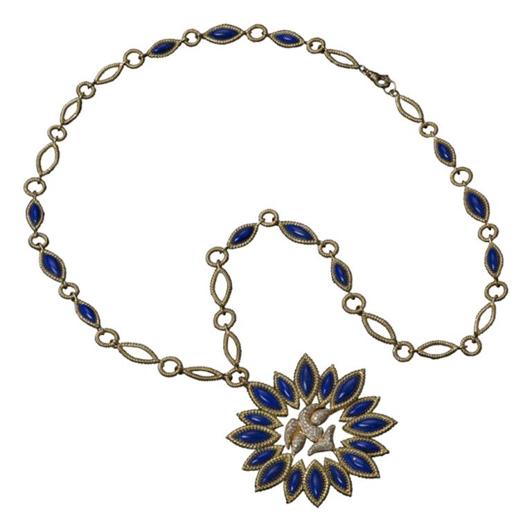 Veschetti 18 Kt Yellow Gold, Lapis Lazuli, Diamond Necklace