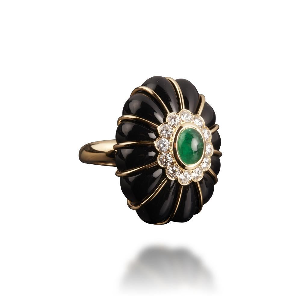 Contemporary Veschetti 18 Kt Yellow Gold, Onyx, Emerald, Diamonds Cocktail Ring