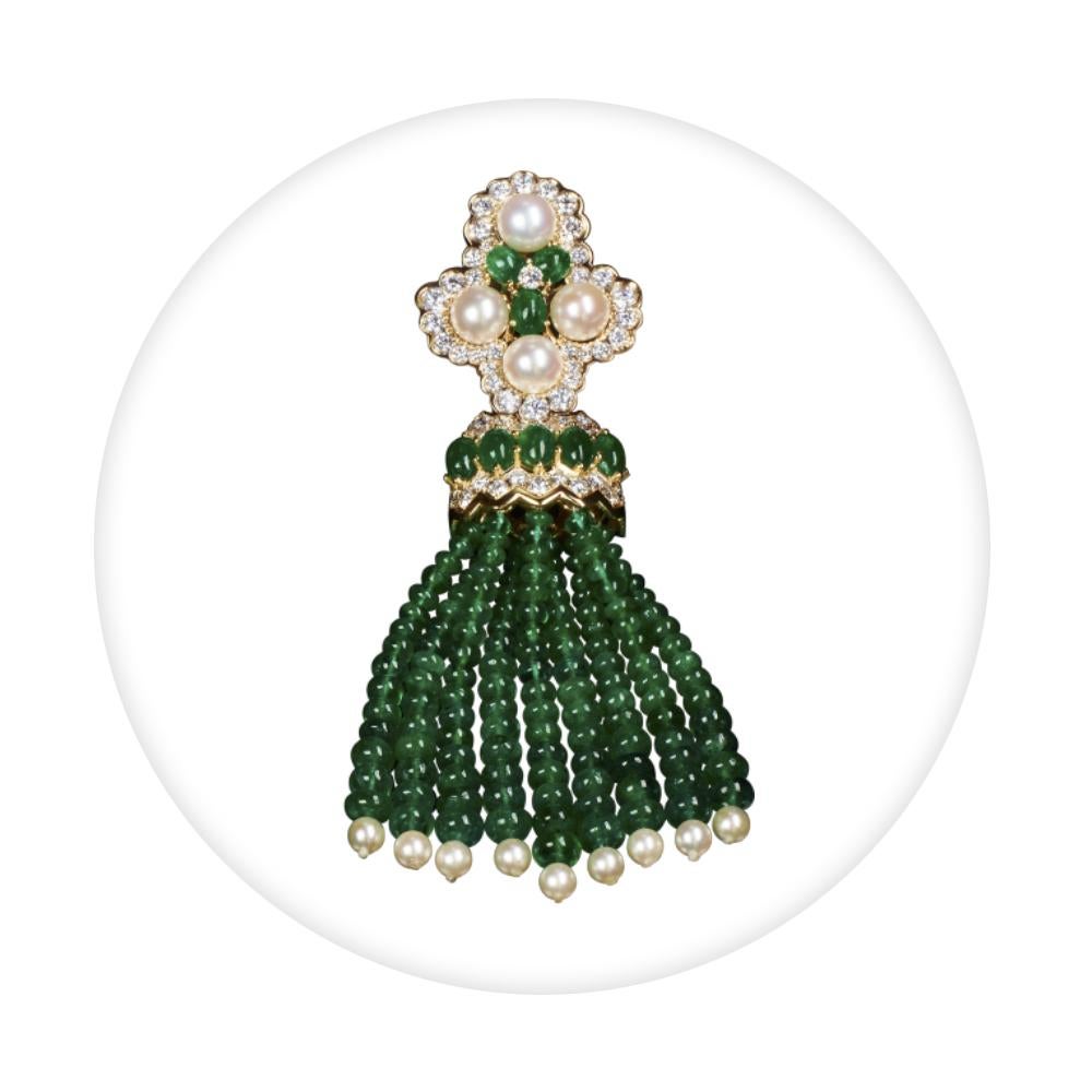 Contemporary Veschetti 18 Kt Yellow Gold, Oriental Pearl, Emerald and Diamond Dangle Earrings