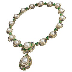 Veschetti 18 Kt Yellow Gold, Pearls, Emerald, Sapphire and Diamonds Necklace