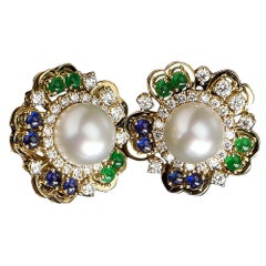 Veschetti 18 Kt Yellow Gold, Pearls, Emerald, Sapphire, Diamonds Earrings