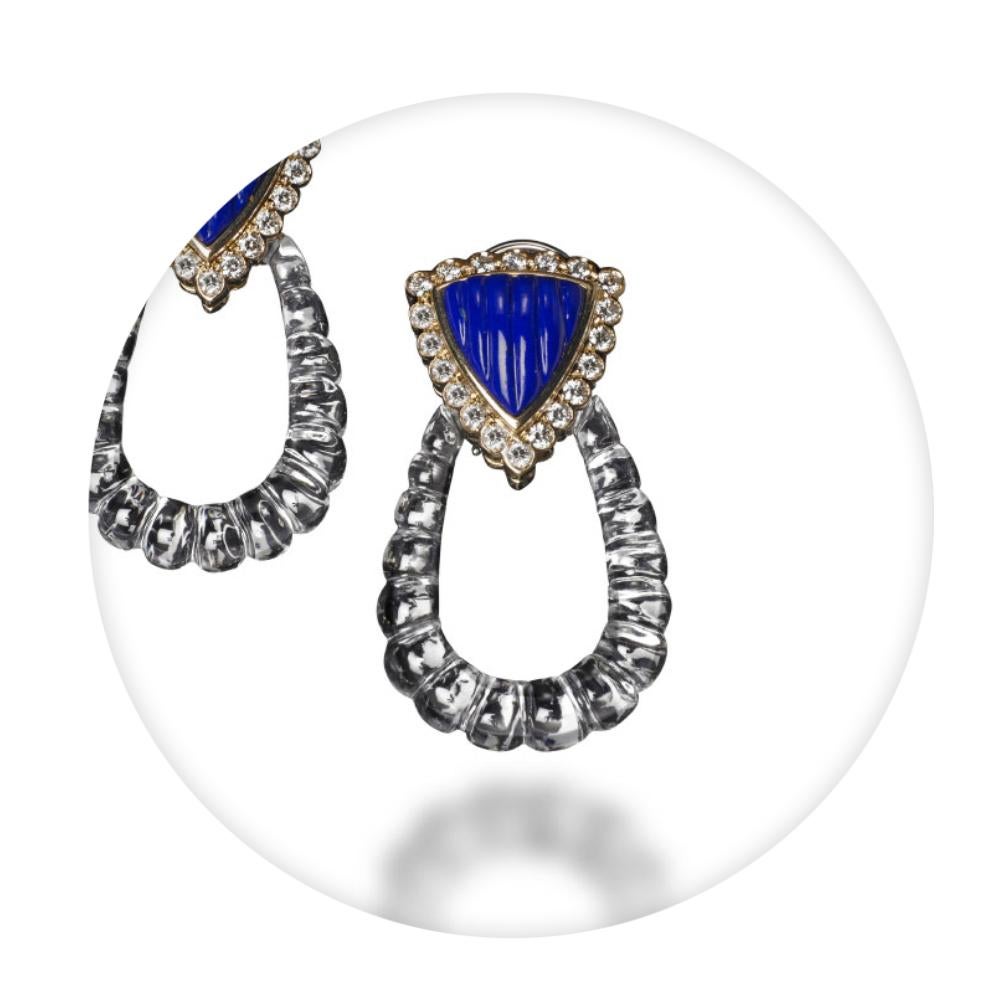 Contemporary Veschetti 18 Kt Yellow Gold, Rock Crystal, Lapis Lazuli and Diamond Earrings For Sale