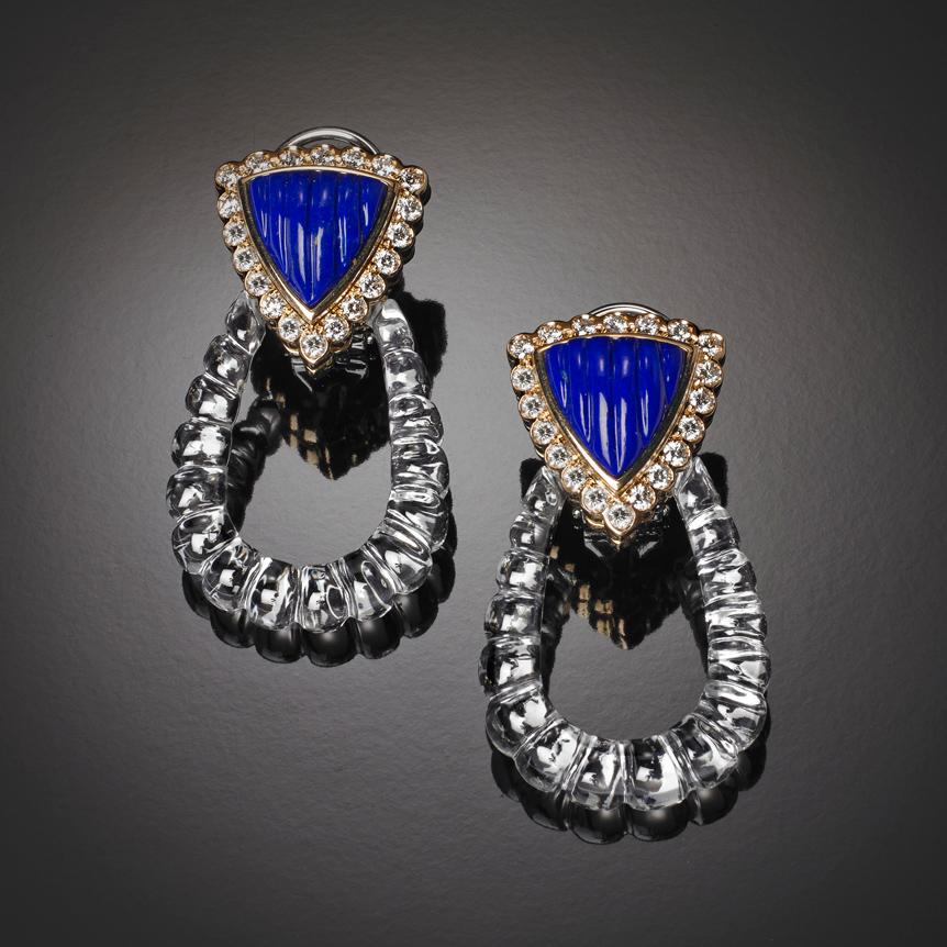 Veschetti 18 Kt Yellow Gold, Rock Crystal, Lapis Lazuli and Diamond Earrings In New Condition For Sale In Brescia, IT