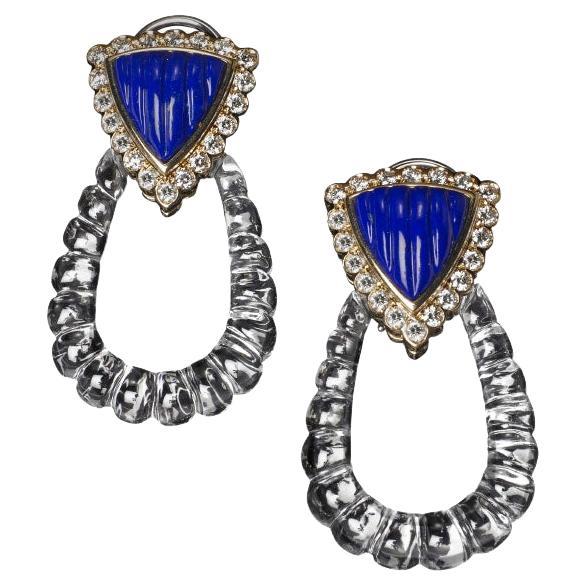 Veschetti 18 Kt Yellow Gold, Rock Crystal, Lapis Lazuli and Diamond Earrings