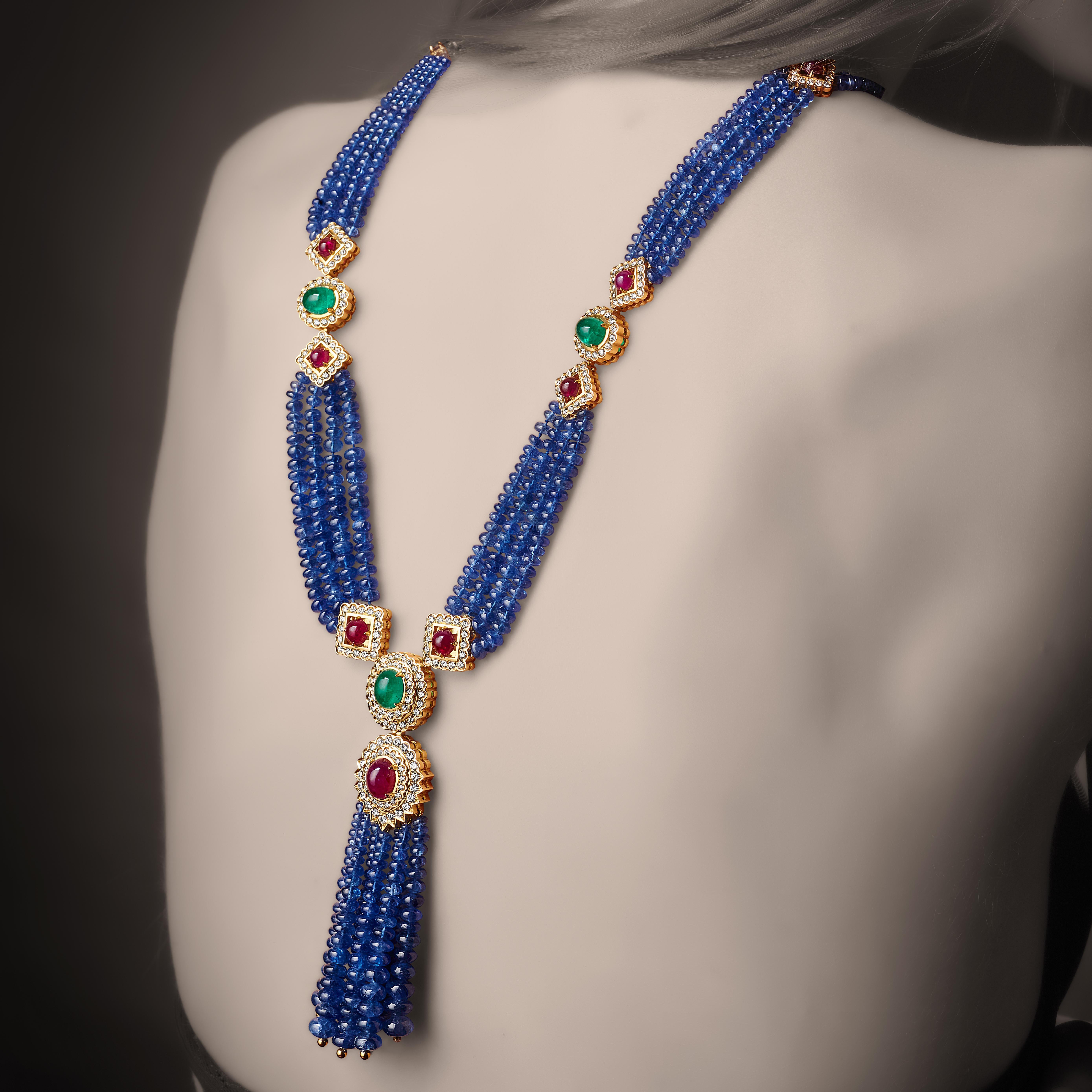 Veschetti 18 Karat Yellow Gold, Sapphire, Emerald, Ruby, Diamond Necklace In New Condition For Sale In Brescia, IT