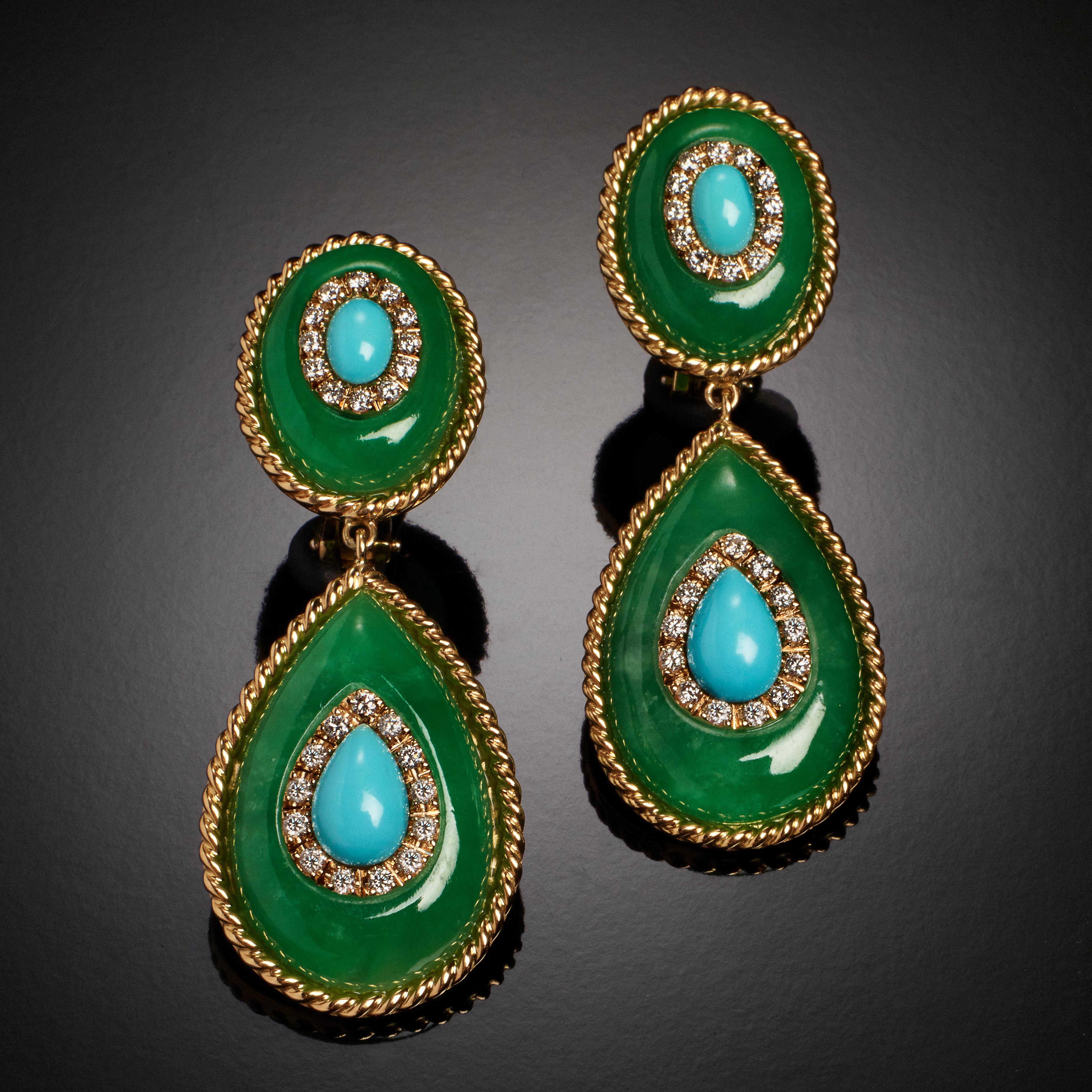 Contemporain Boucles d'oreilles Veschetti en or jaune 18 ct, turquoises, incrustations de jades et diamants en vente