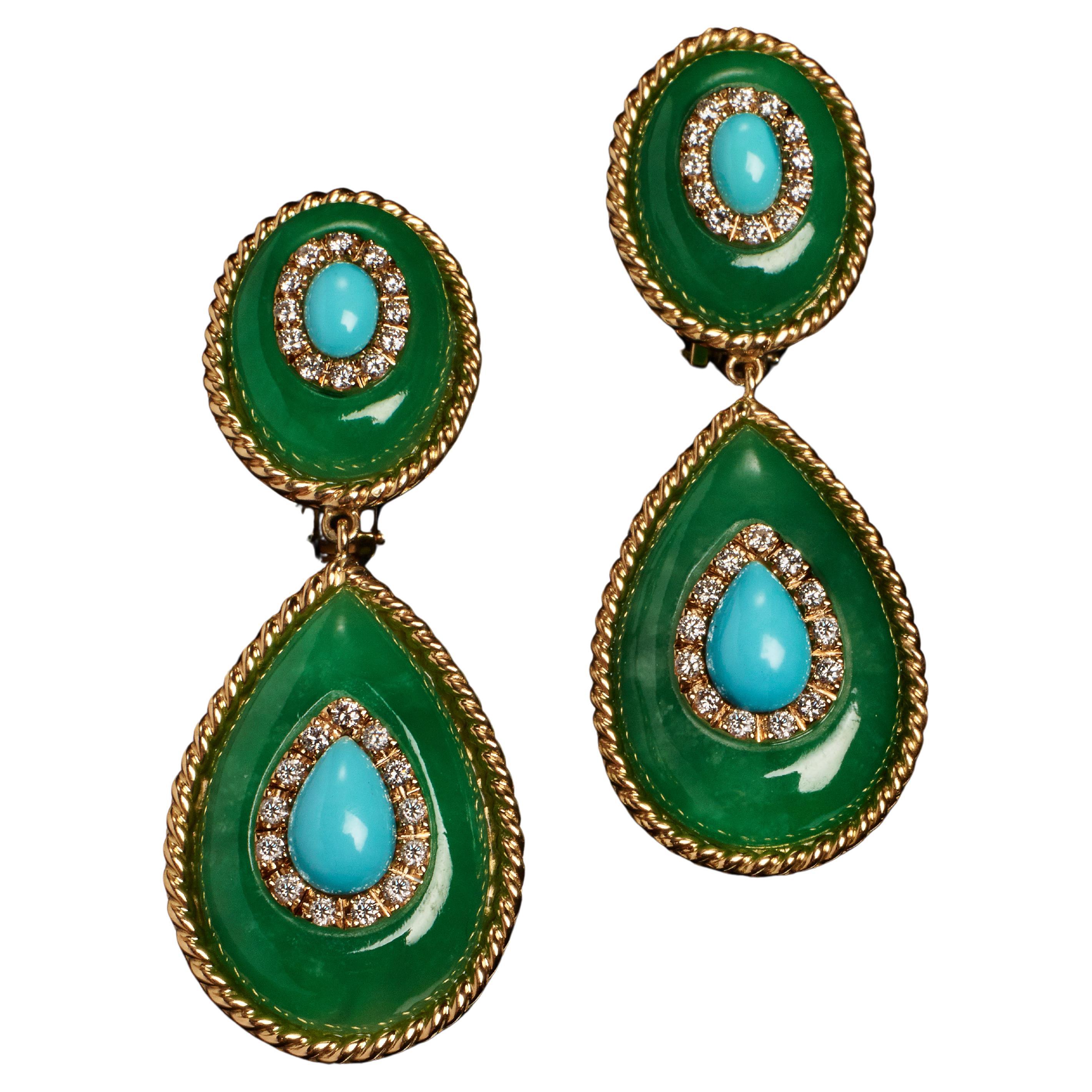 Veschetti 18 Kt Yellow Gold, Turquoises, Jades Inlay and Diamond Earrings For Sale