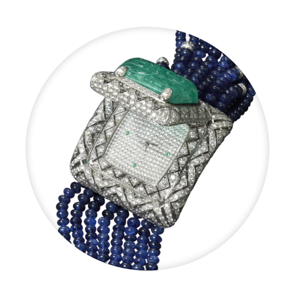 Contemporary Veschetti 18 Kt White Gold, Emerald, Ceylon Sapphire and Diamond Watch-Bracelet
