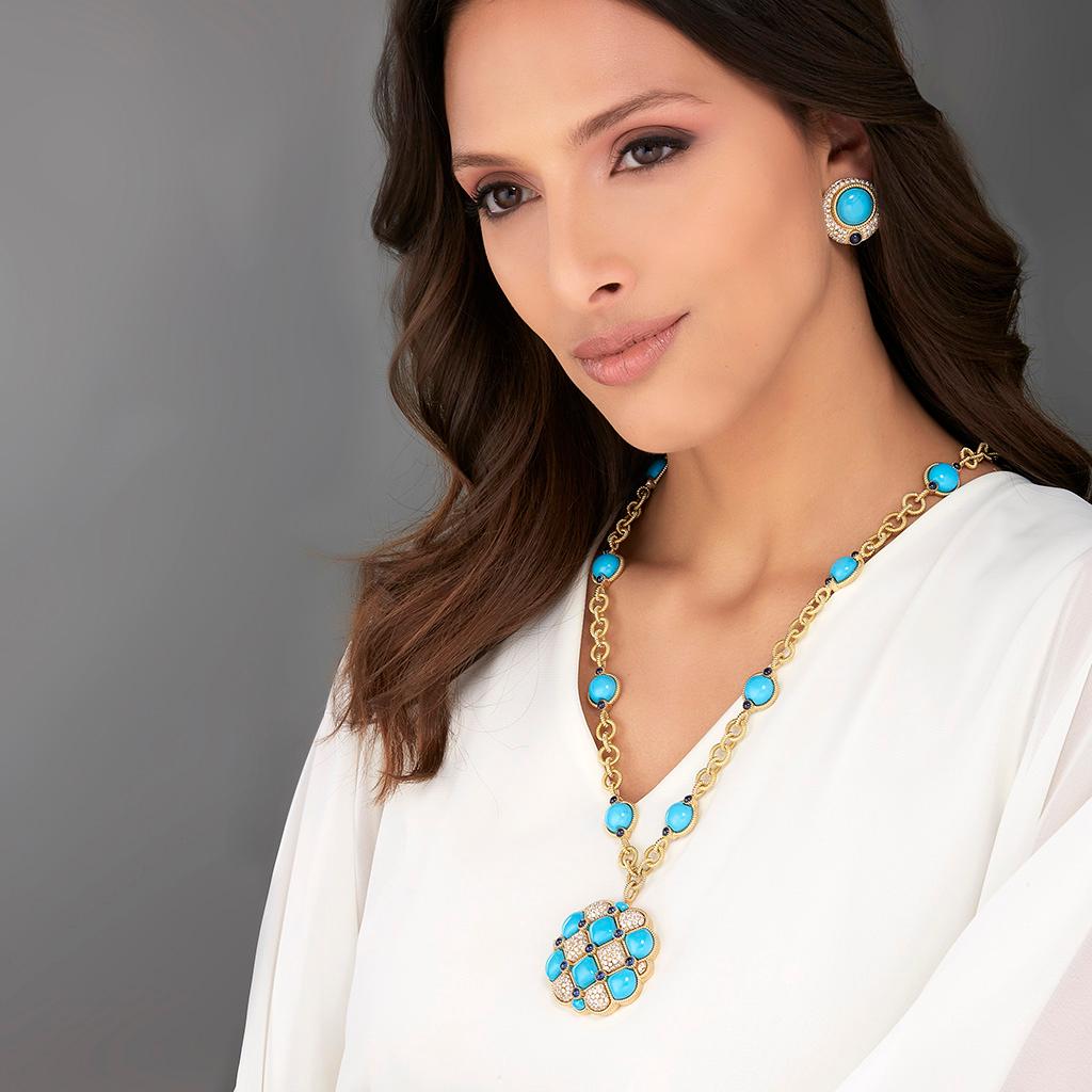 Cabochon Veschetti Arizona Turquoise, Sapphire and Diamond Necklace