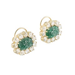 Veschetti Carved Emerald and Diamond Earrings 12.50 Carat Emeralds