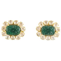 Veschetti Carved Emerald and Diamond Earrings 12.50 Carat Emeralds