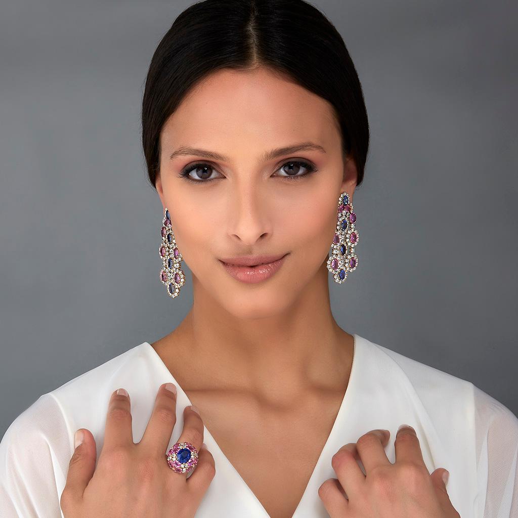 Brilliant Cut Veschetti Ceylon Blue and Pink Sapphire and Diamond Fashion Ring