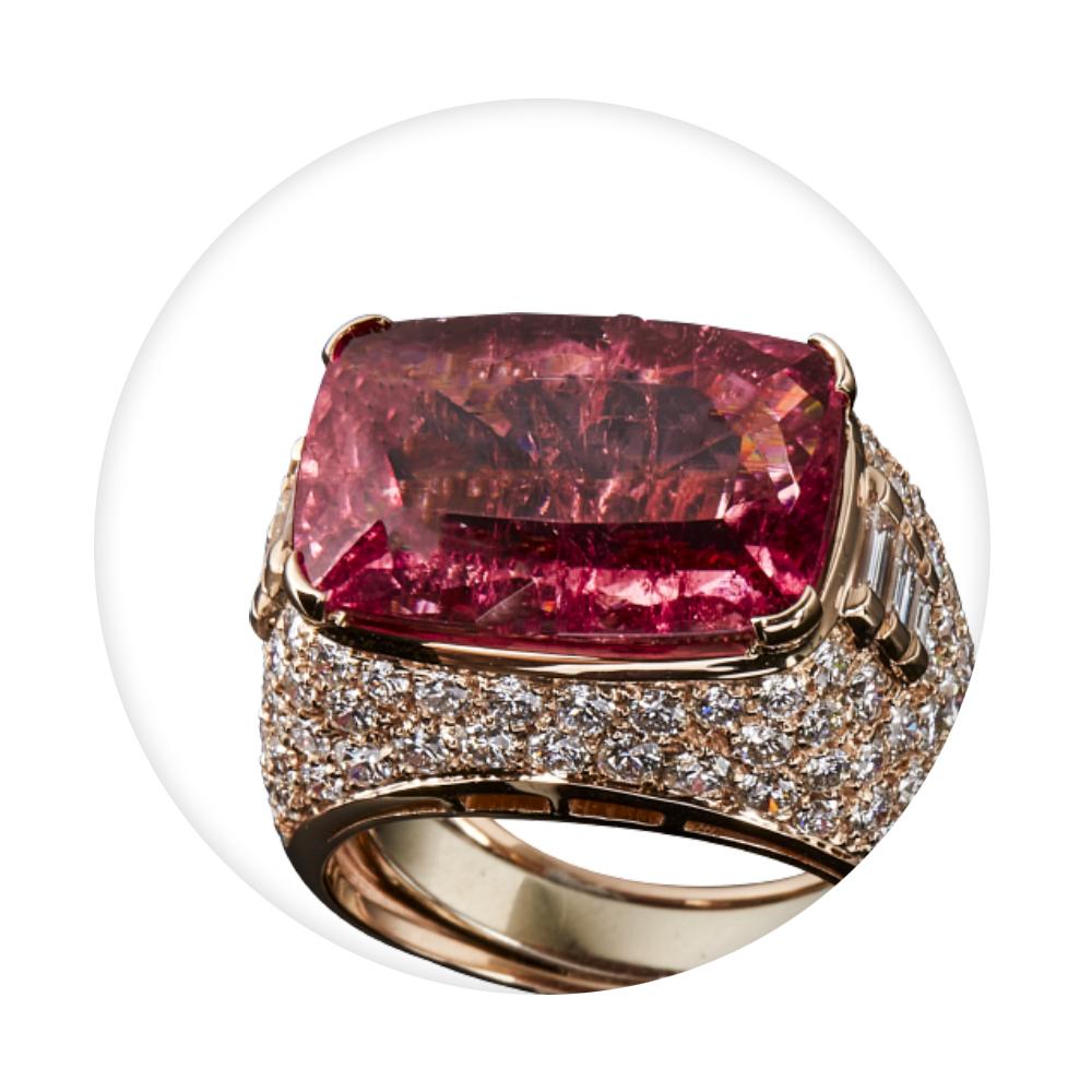 Contemporary Veschetti Cushion-Cut Pink Tourmaline and Diamond Fashion Ring For Sale