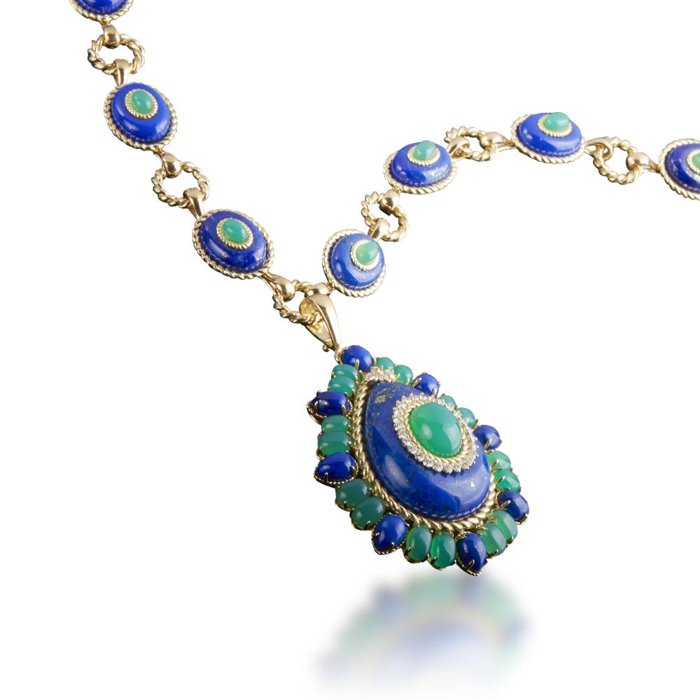 Contemporary Veschetti Lapis Lazuli, Green Agate and Diamond Pendant Necklace