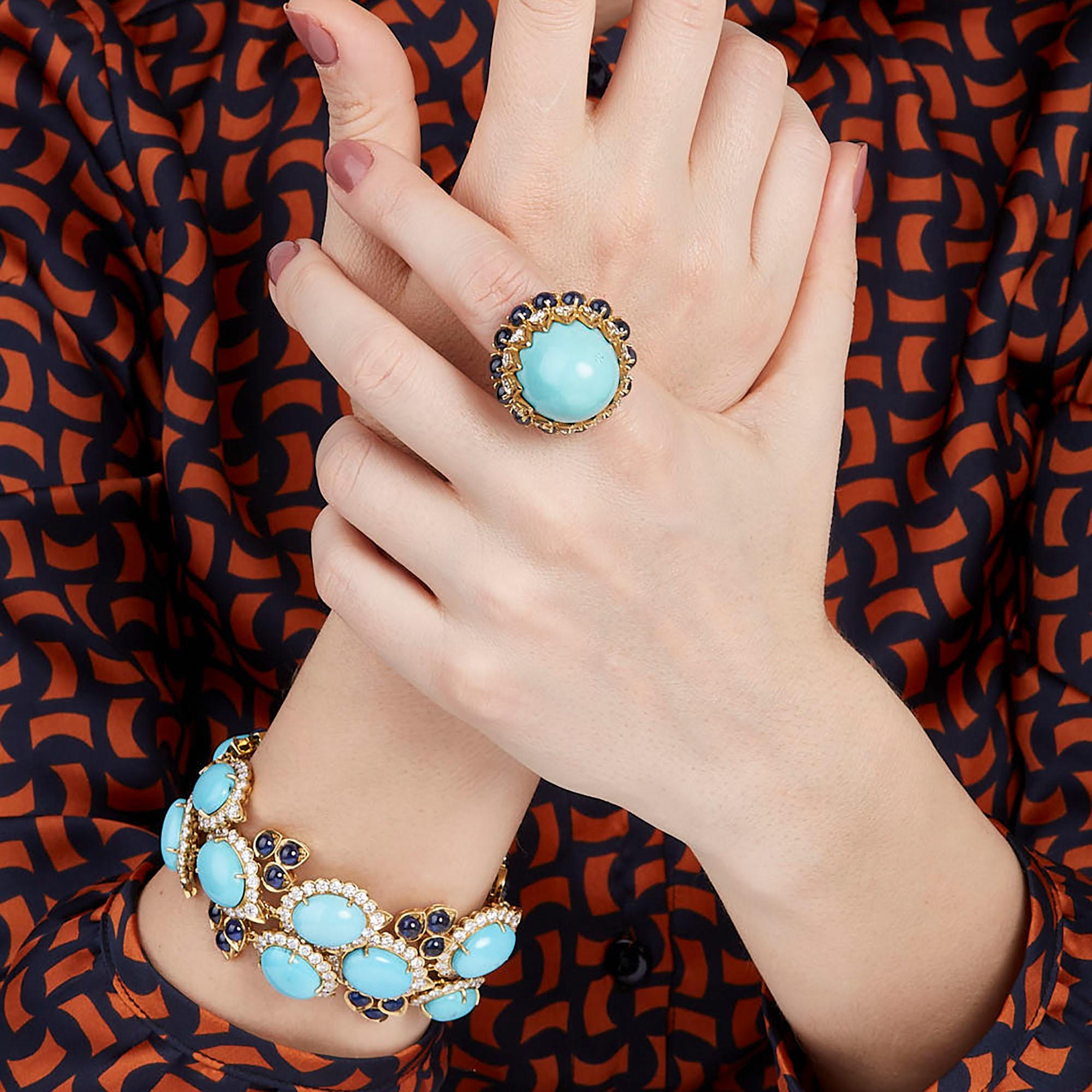 Contemporary Veschetti Persian Turquoise, Sapphire and Diamond Cocktail Ring